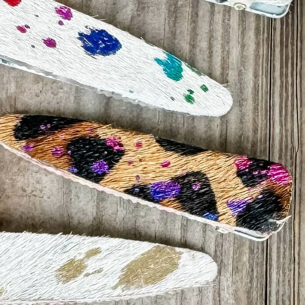 Western Hair-On Cowhide Barrette | Leopard & Rainbow